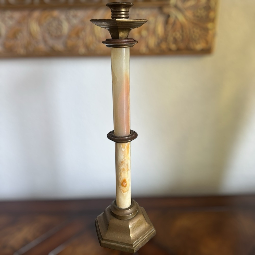 Antique Candlestick Holder 15.75 Inch Hexagon Banded Onyx Stone Gold Gilt Brass